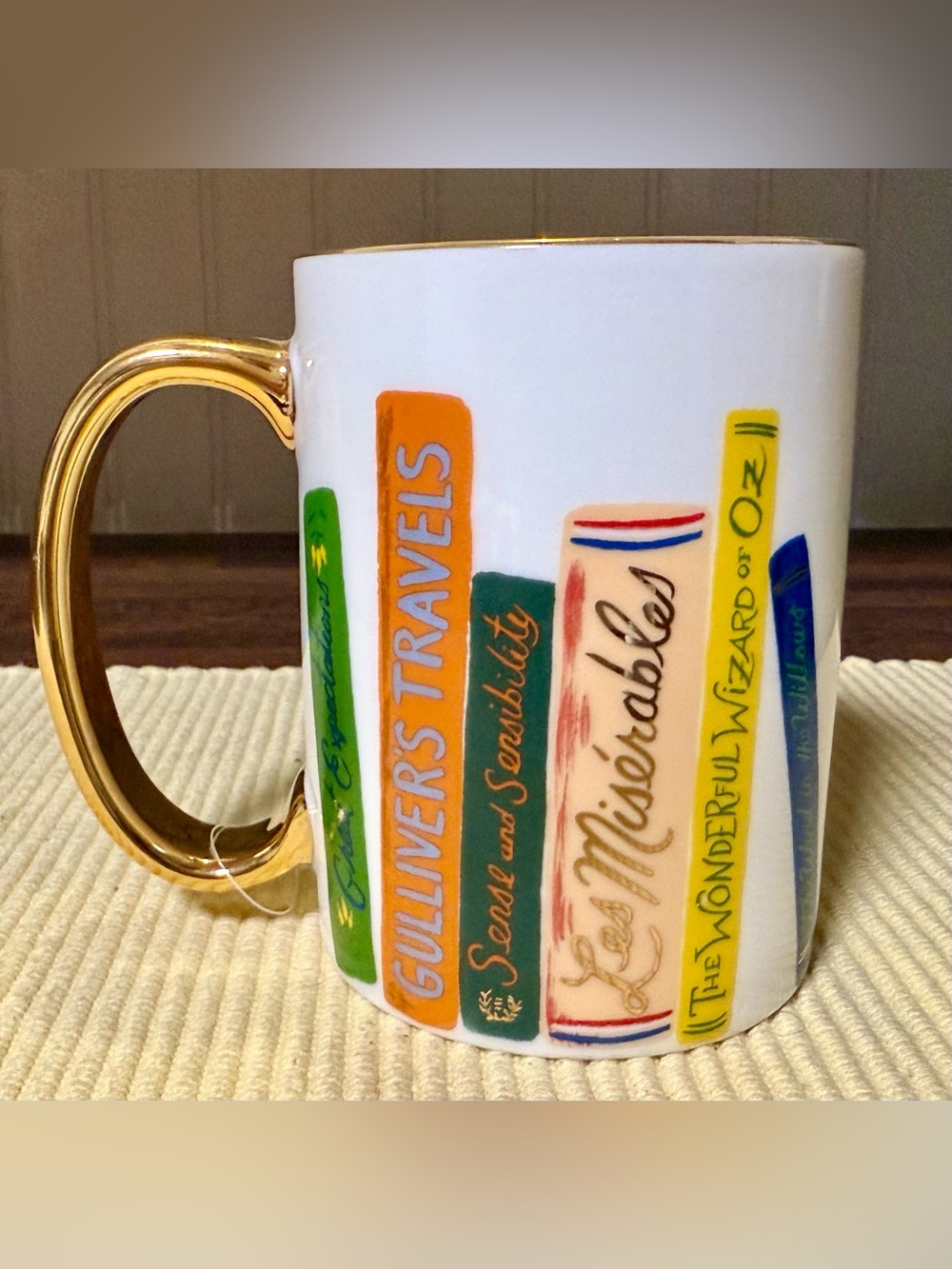Anthropologie Rifle Paper Co 16oz Porcelain Mug "Book Club" w/ Gold Handle & Rim